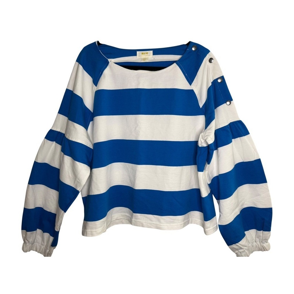 Maeve Anthropologie Blue White Striped Puff Sleeve Snap Shoulder Top, Large